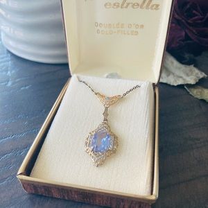 Vintage Estrella amethyst purple crystal gold tone necklace in original box